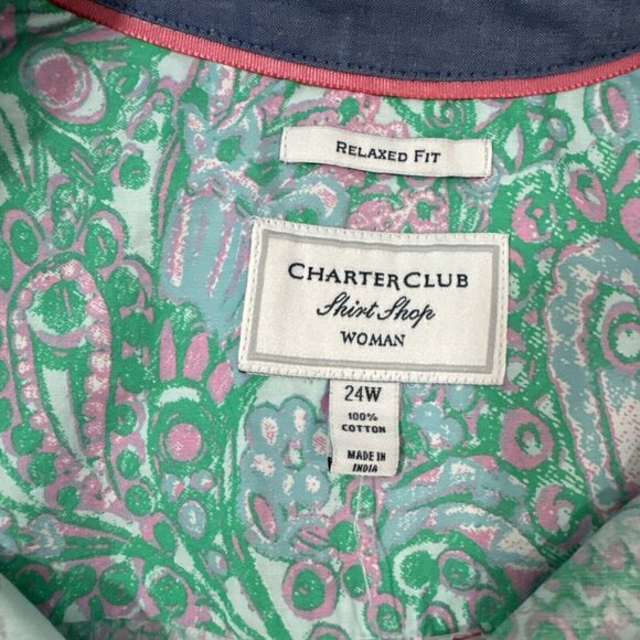 Charter Club Shirt Womens 24W Button Up Top Blouse Roll Sleeves Green Pink NWT - Picture 7 of 16